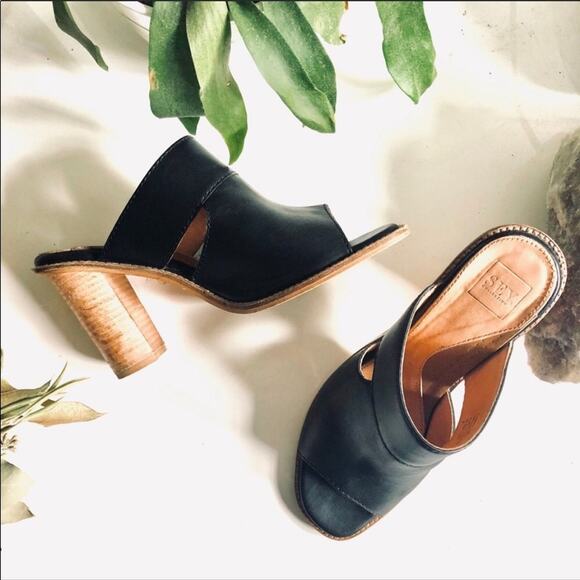 SEY Collection Black Tan Leather Mule Slide Open Toe Chunky Block Heel Shoes 9 - Picture 3 of 9